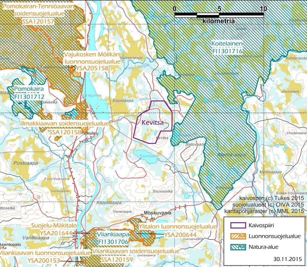 9 Kuva 5. Kevitsan kaivospiirin ympäristön Natura 2000 kohteet ja muut luonnonsuojelualueet (kuva: Pöyry Finland Oy).