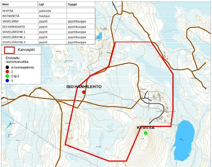 15 Kaivospiirin alueella ja sen lähiympäristössä on tehty arkeologiset inventoinnit molempiin Kevitsan kaivoksen YVA-hankkeisiin liittyen: Kotivuori, H. 2005: Maastotarkastus ja lausunto.