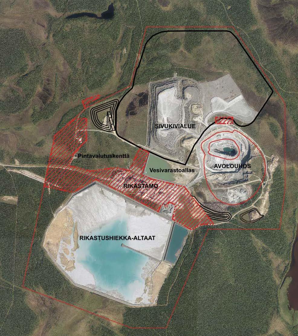 Kuvassa asemakaavan suunnittelualue on esitetty punaisella vinorasterilla ja kaivospiiri on rajattu ohuella punaisella viivalla. 1.3.