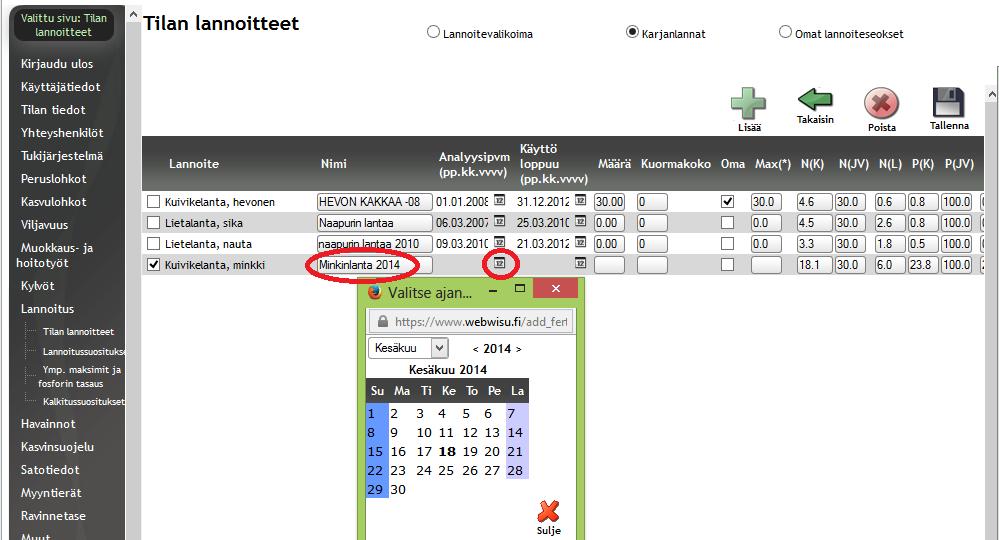 Analyysipvm sarakkeen pienestä kalenterikuvakkeesta avautuu ikkuna, jonka kautta syötetään