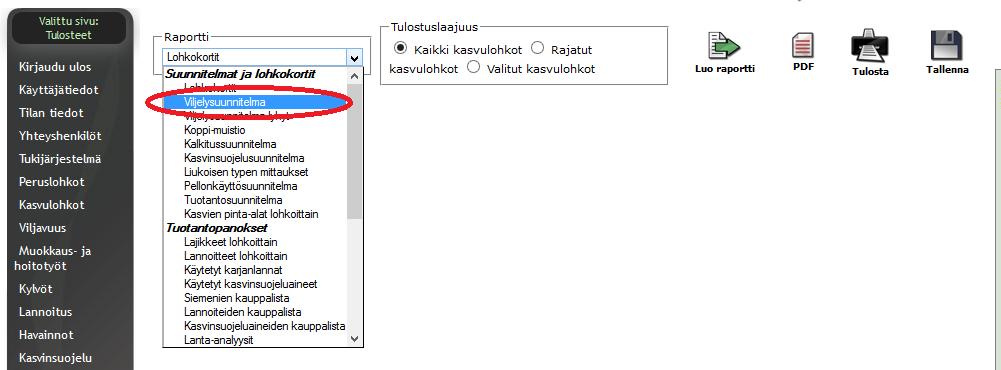 3.6 VILJELYSUUNNITELMAN TARKISTAMINEN Viljelysuunnitelmaa voi tarkastella WebWisun raporttien kautta.