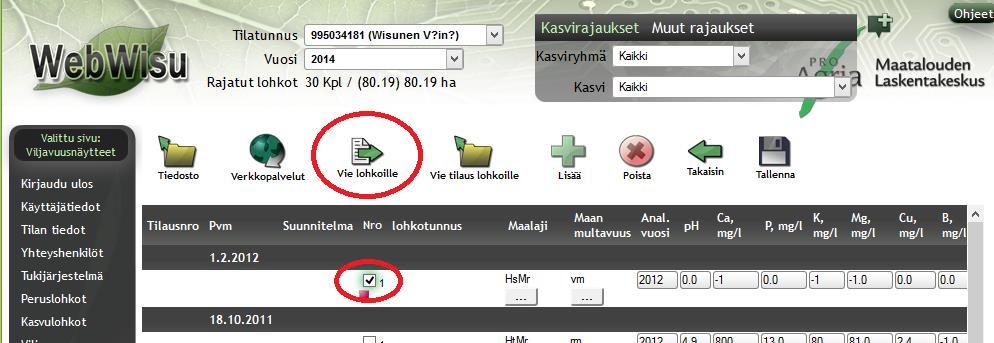 Vihreä neliö tarkoittaa, että kasvulohkon näytekohdistus on kunnossa. Punainen neliö tarkoittaa, että kasvulohkon näytekohdistus ei ole kunnossa.