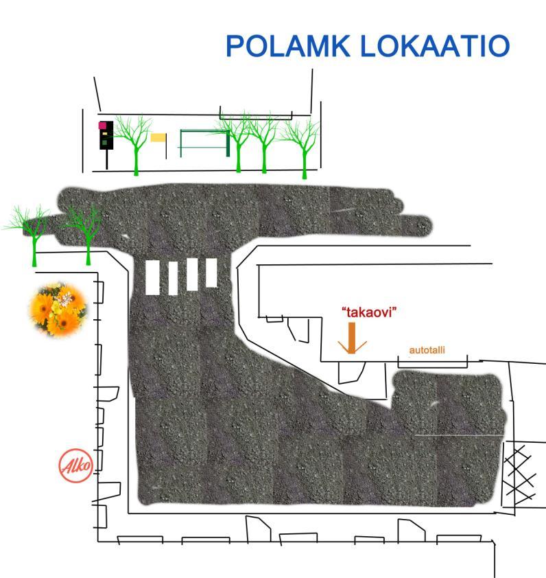 (Kuva 5: POLAMK pohjapiirrustus kuvauspaikasta, baarin piha. Hanna-Maria Mäkelä 2009) Keikkapaikkana toimivan baarin sisätila oli vielä ennen kesää avoin ja selvisi vasta alkusyksystä.