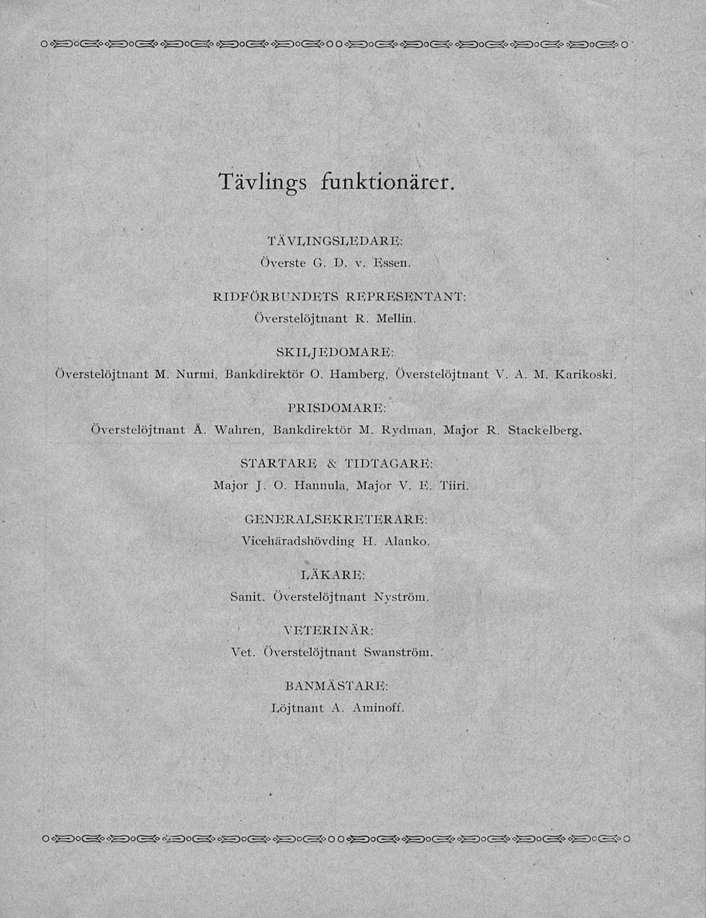 i I i Tävlings funktionärer. TÄVIJNGSLEDARE: överste G. D. v. Essen. RIDFÖRBUNDETS REPRESENTANT: Överstelöjtnant R. Melliri. SKIIJEPOMARE: Överstelöjtnant M. Nurmi, Bankdirektör O.