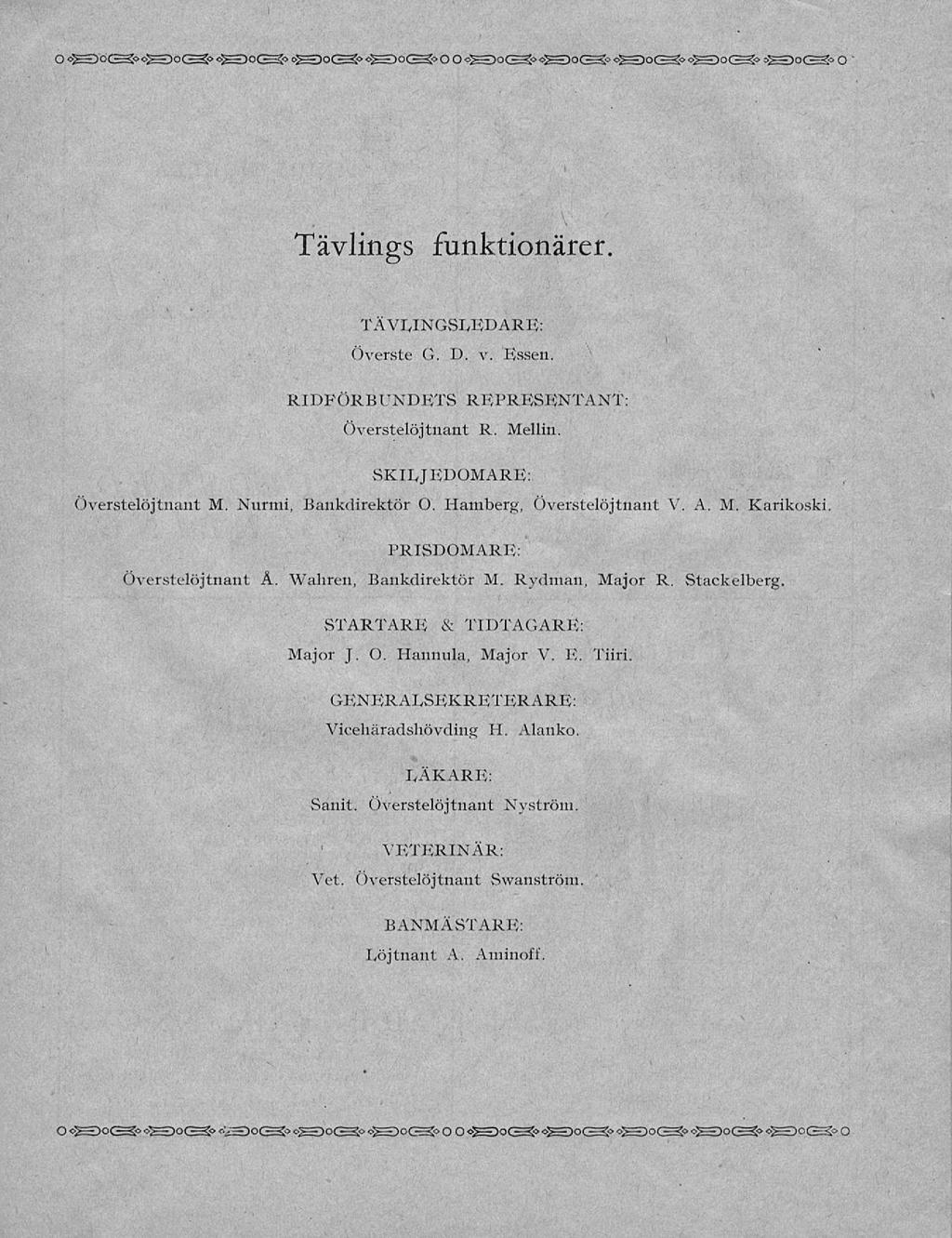 i I i Tävlings funktionärer. TÄVIJNGSLEDARE: överste G. D. v. Essen. RIDFÖRBUNDETS REPRESENTANT: Överstelöjtnant R. Melliri. SKIIJEPOMARE: Överstelöjtnant M. Nurmi, Bankdirektör O.