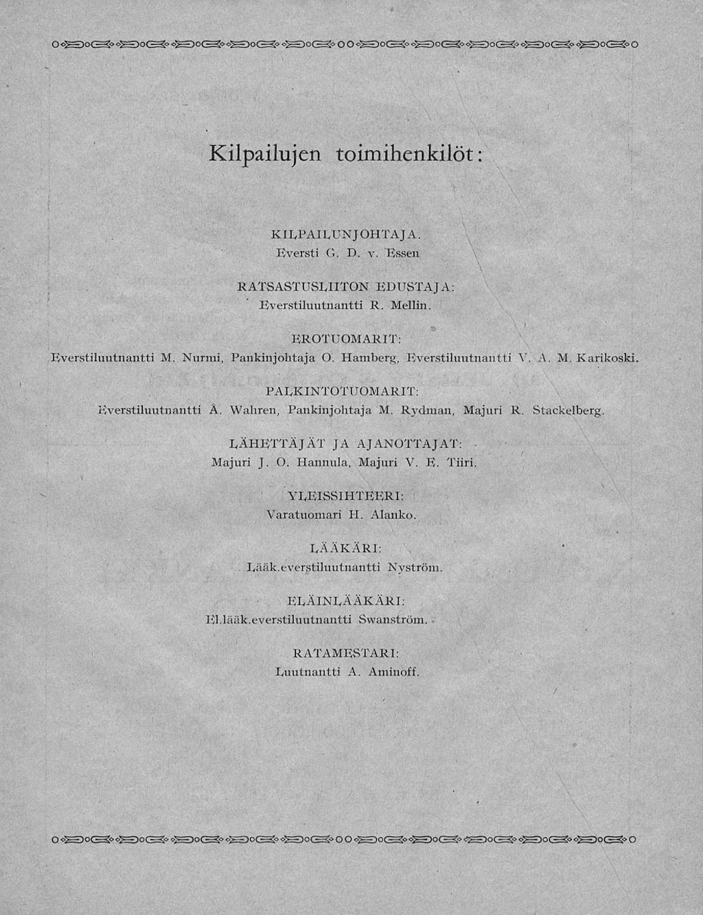 Kilpailujen toimihenkilöt: 'V KILPAILUNJOHTAJA. Eversti O. D. v. Essen v \ RATSASTUSLHTON EDUSTA JA Everstiluutnantti R. Mellin. EROTUOMARIT Everstiluutnantti M. Nurmi, Pankinjohtaja O.