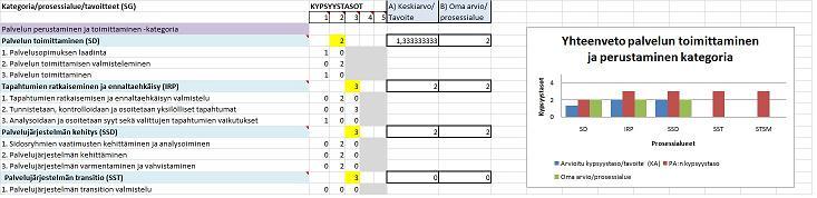 65 tasoja prosessien tavoitteiden pohjalta. Käyttäjä merkitsee (niin kuin aikaisemmassakin versiossa) kunkin tavoitteen kohdalle arvioidun kypsyystason.