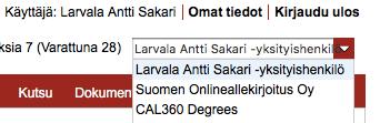 2.1 Valitse yritysrooli Palvelussa heti kirjautumisen jälkeen oletuksena on yksityishenkilö, ja pudotusvalikosta pitää valita organisaatio, jos haluaa käyttää yrityksen tai yhteisön nimissä.