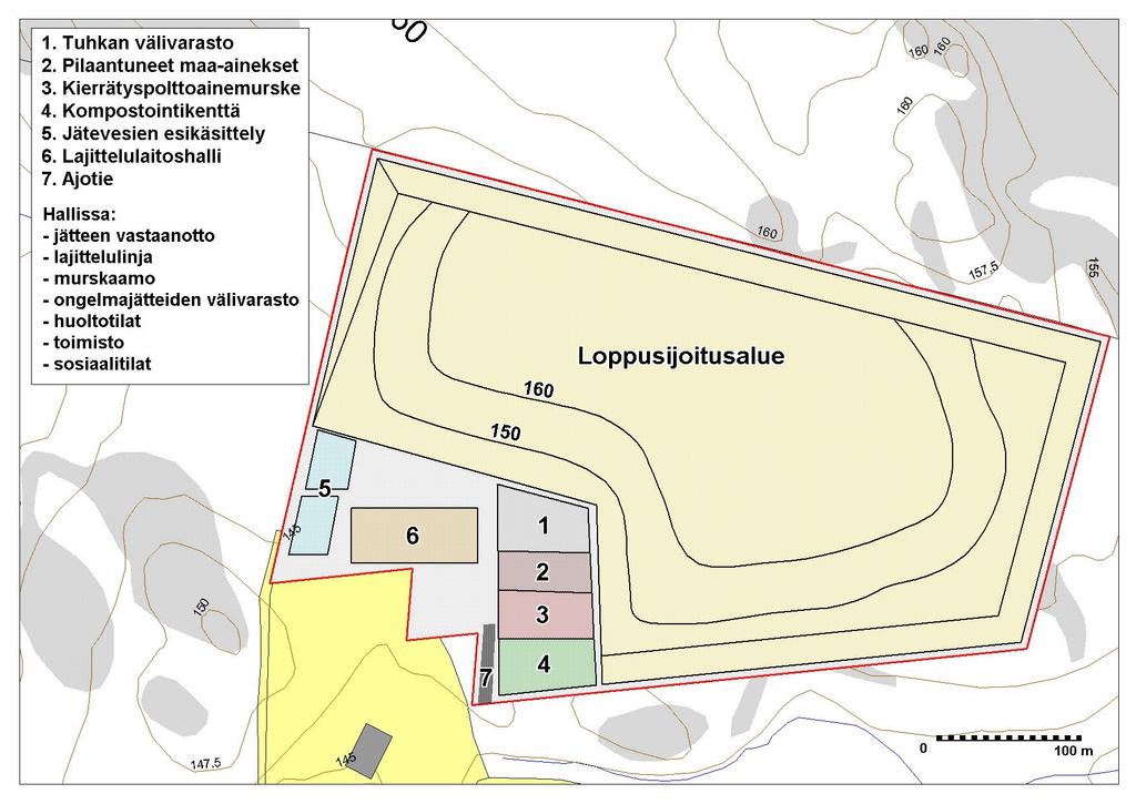 Jätteenkäsittelykeskuksen yleissuunnitelma Jätteen vastaanotto tapahtuu sisääntulon yhteydessä vastaanotto alueella, jossa materiaali punnitaan ja luokitellaan ja ohjataan käsittelyyn