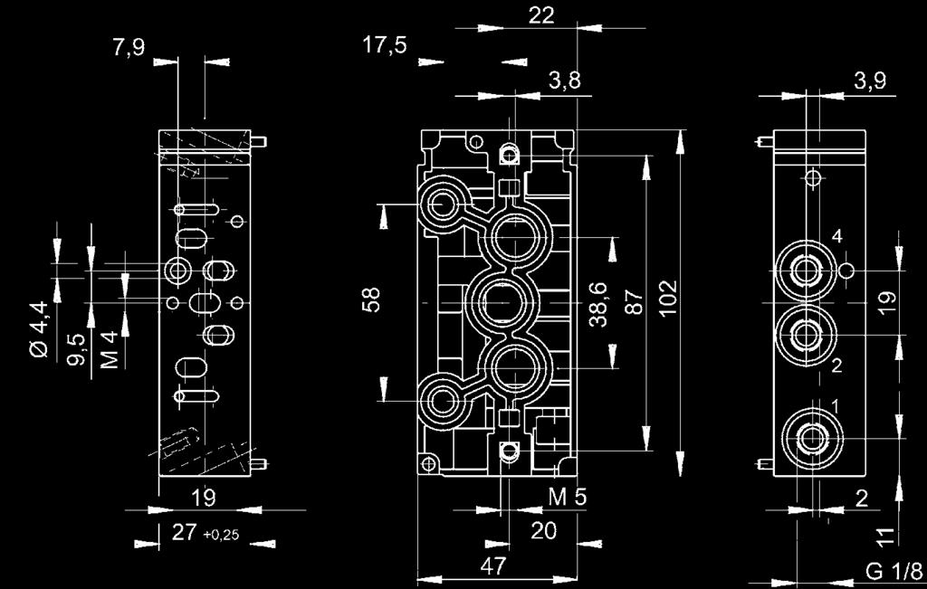 Venttiilipaikkojen lukumäärä 1 Rasterikoko 27 mm Kiinnitysruuvi Jossa kuusiokolo Kiinnitysruuvien kiristysmomentti 4 Nm±0,5 Suunta pneum. liitäntä (1) Alaspäin Suunta pneum.