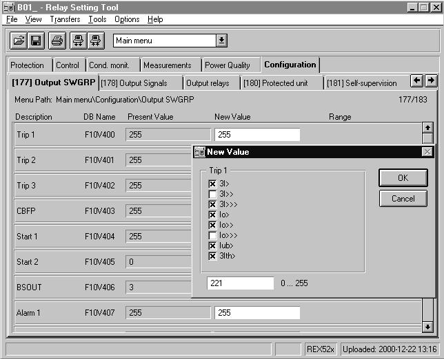 1MRS 755008 Käyttämällä releasettelutyökalua (Relay Setting Tool) Laukaisu1-signaalin asettelut vaihdetaan valikosta Konfigurointi ja Lähtösign.