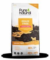 Grain Free Salmon & Trout Viljaton täysravinto aikuisille koirille 50 % kalaa, 36 % tuoretta lohta ja taimenta Erittäin hyvin sulava ja runsaasti aminohappoja sisältävä eläinproteiini Hyvä