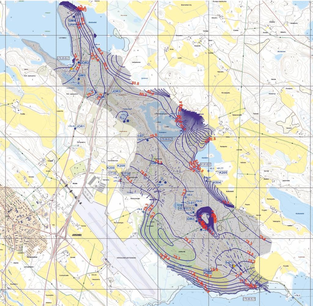 Liite 7 Kotkatharju: Pohjavedenpinnan asema ja -virtaussuunnat Merkintöjen selite Virtausmallinnusalue 79.3 Pohjavedenpinnan asema (ns. head.