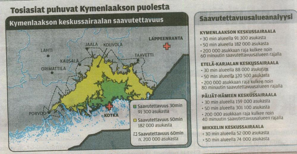 7 Kuva 1. Välimatkoja keskussairaalaan Kymenlaakson alueella. (Kymen Sanomat 21.11.2015) Vuonna 2002 kaikki Kymenlaakson synnytykset keskitettiin Kymenlaakson keskussairaalaan Kotkaan.