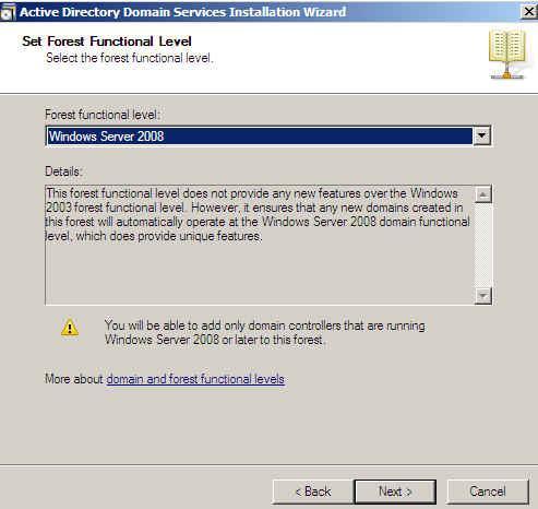 Server 2008 -versio, valitaan Forest Functional