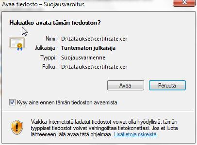 52 Kuva 39. Varmenteen avaus Windows 7:ssa.