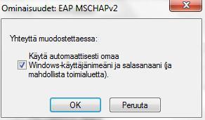 56 Kuva 45. EAP-MSCHAP v2-asetukset. Tämän jälkeen Windows kysyy käyttäjätunnusta ja salasanaa.