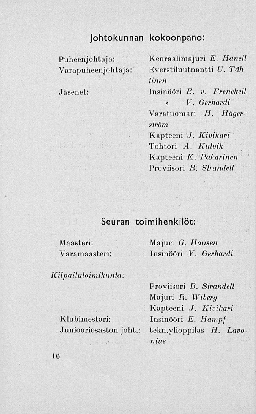 Johtokunnan kokoonpano: Puheenjohtaja: Varapuheenjohtaja: Kenraalimajuri E. Hanell Everstiluutnantti U. Täh- Unen Jäsenet: Insinööri E. v. Frenckell» V. Gerhardi Varatuomari H.