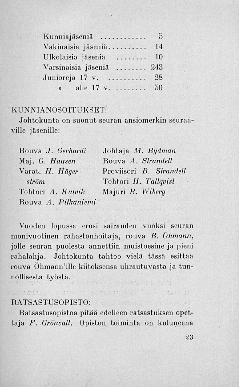 Kunniajäseniä 5 Vakinaisia jäseniä 14 Ulkolaisia jäseniä 10 Varsinaisia jäseniä 243 Junioreja 17 v 28» alle 17 v 50 KUNNIANOSOITUKSET: Johtokunta on suonut seuran ansiomerkin seuraaville jäsenille: