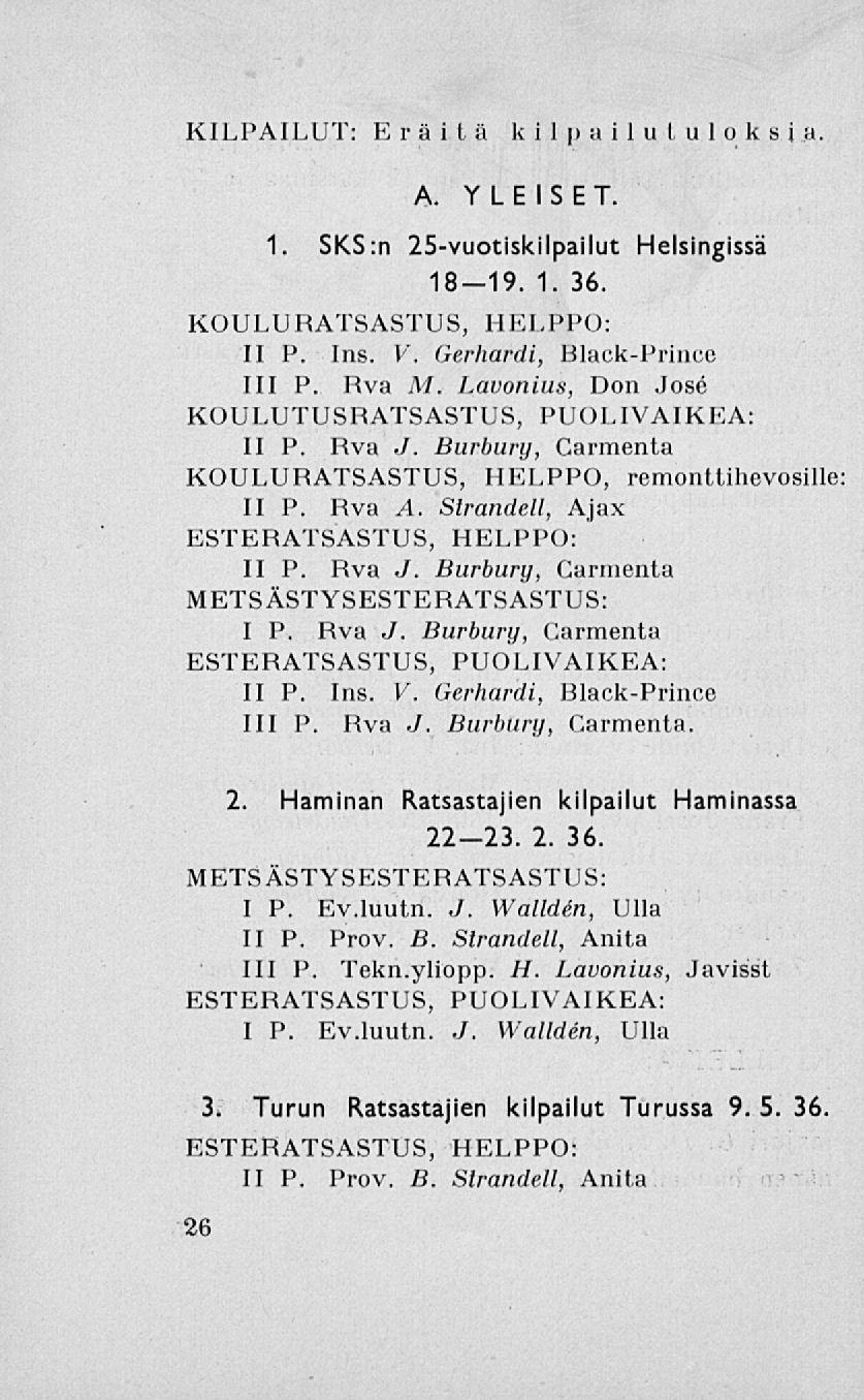 KILPAILUT: Eräitä kilpailutuloksia. A. YLEISET. 1. SKS:n 25-vuotiskilpailut Helsingissä 18-19. 1. 36. KOULURATSASTUS, HELPPO: II P. Ins. V. Gerhardi, Black-Prince 111 P. Rva M.