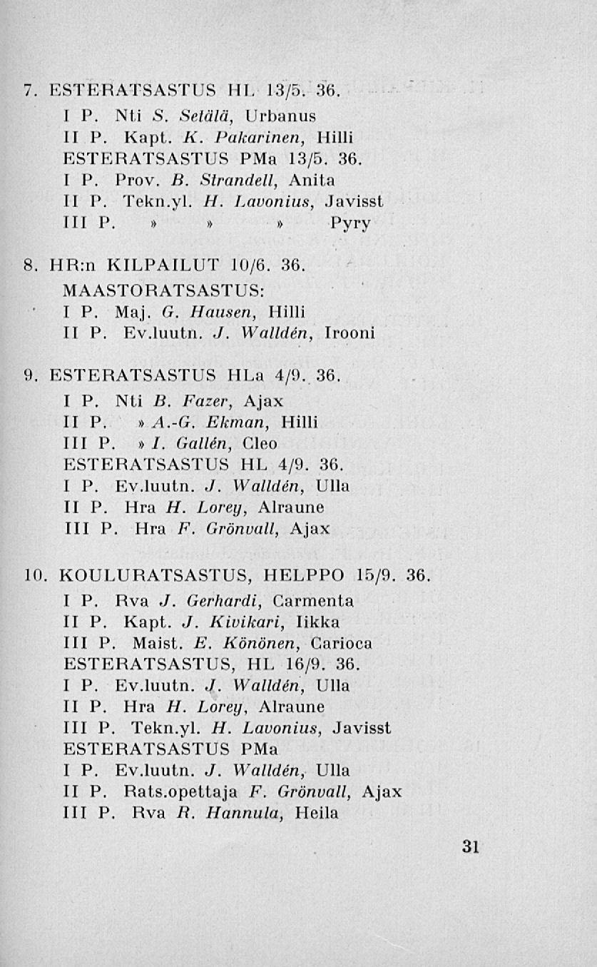 7. ESTERATSASTUS HL 13/5. 36. I P. Nti S. Setälä, Urbanus II P. Kapt. K. Pakarinen, Hiili ESTERATSASTUS PMa 13/5. 36. I P. Prov. B. Strandell, Anita II P. Tekn.yl. H. Lavonius, Javisst 111 P.