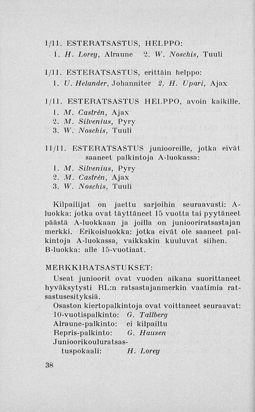 1/11. ESTERATSASTUS, HELPPO 1. H. Lorey, Alraune 2. W. Noschis, Tuuli 1/11. ESTERATSASTUS, erittäin helppo: 1. U. Helander, Johanniter 2. H. Upari, Ajax I/IL ESTERATSASTUS 1. M, Castren, Ajax 2. M. Silvenius, Pyry 3.