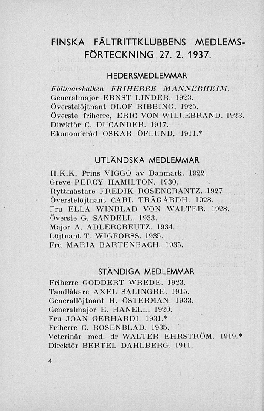 FINSKA FÄLTRITTKLUBBENS MEDLEMS FÖRTECKNING 27. 2. 1937. HEDERSMEDLEMMAR Fältmarskalken FRIHERRE MANNERHEIM. Generalmajor ERNST LINDER. 1923. Överstelöjtnant OLOF RIBB ING. 1925.