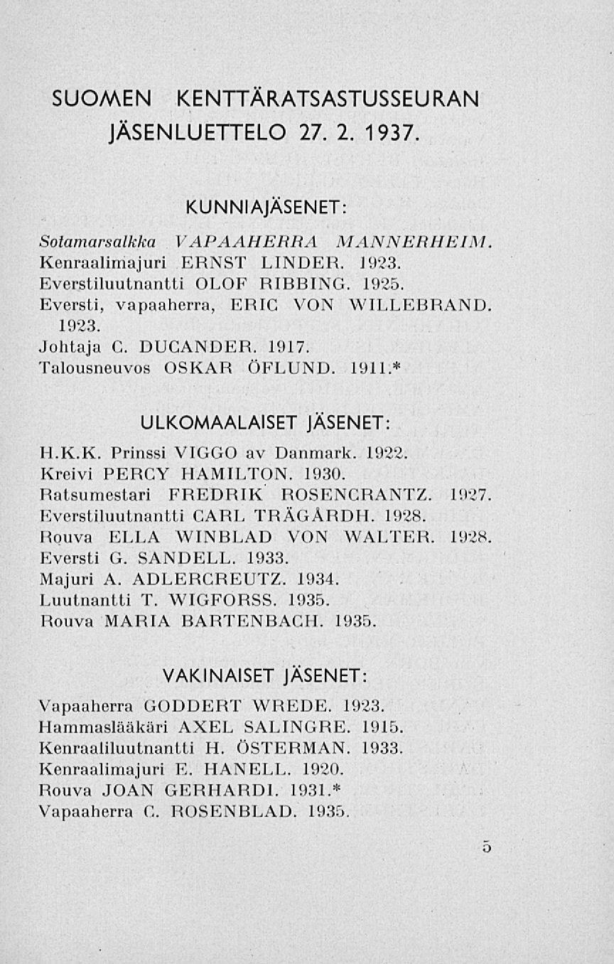 SUOMEN KENTTÄRATSASTUSSEURAN JÄSENLUETTELO 27. 2. 1937. KUNNIAJÄSENET: Sotamarsalkka VAPAAHERRA MANNERHEIM. Kenraalimajuri ERNST LINDER. 1923. Everstiluutnantti OLOF RIBBING. 1925.