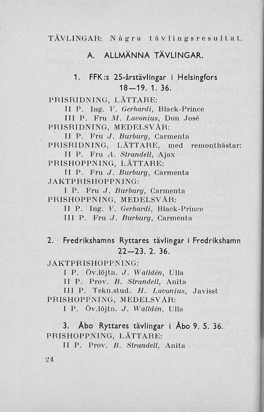 TÄVLINGAR: Några tävlings resultat A. ALLMÄNNA TÄVLINGAR. 1. FFK:s 25-årstävlingar i Helsingfors 18-19. 1. 36. PRISRIDNING, LÄTTARE: II P. Ing. V. Gerhardi, Black-Prince 111 P. Fru M.