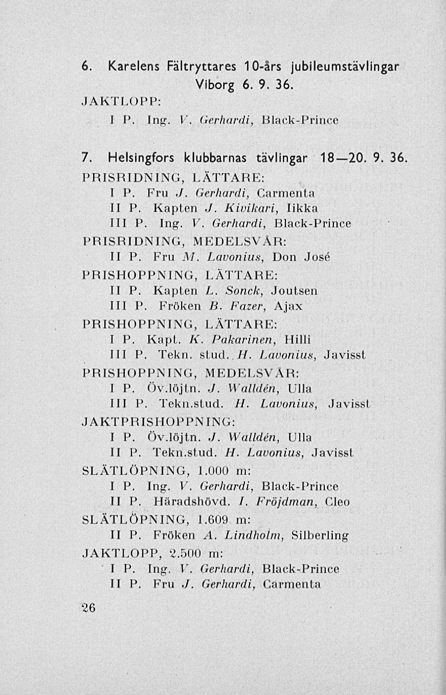 6. Karelens Fältryttares 10-års jubileumstävlingar Viborg 6. 9. 36. JAKTLOPP: I P. Ing. V, Gerhardi, Black-Prince 7. Helsingfors klubbarnas tävlingar 18 20. 9. 36 PRISRIDNING, LÄTTARE: I P. Fru,/.