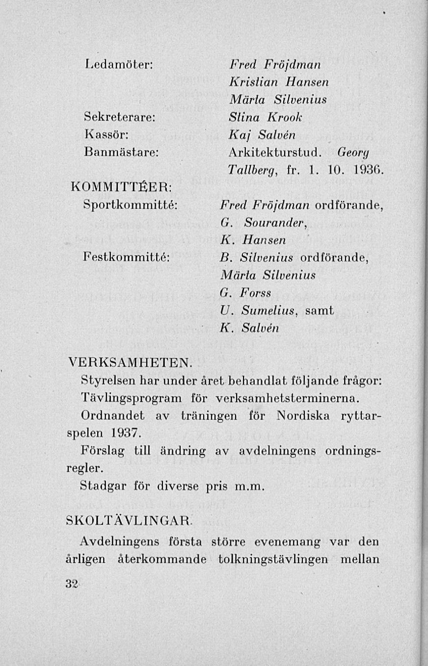 Ledamöter: Fred Fröjdman Kristian Hansen Märta Silvenius Sekreterare: Stina Krook Kassör: Kaj Salvén Banmästare: Arkitekturstud. Georg Tallberg, fr. 1. 10.