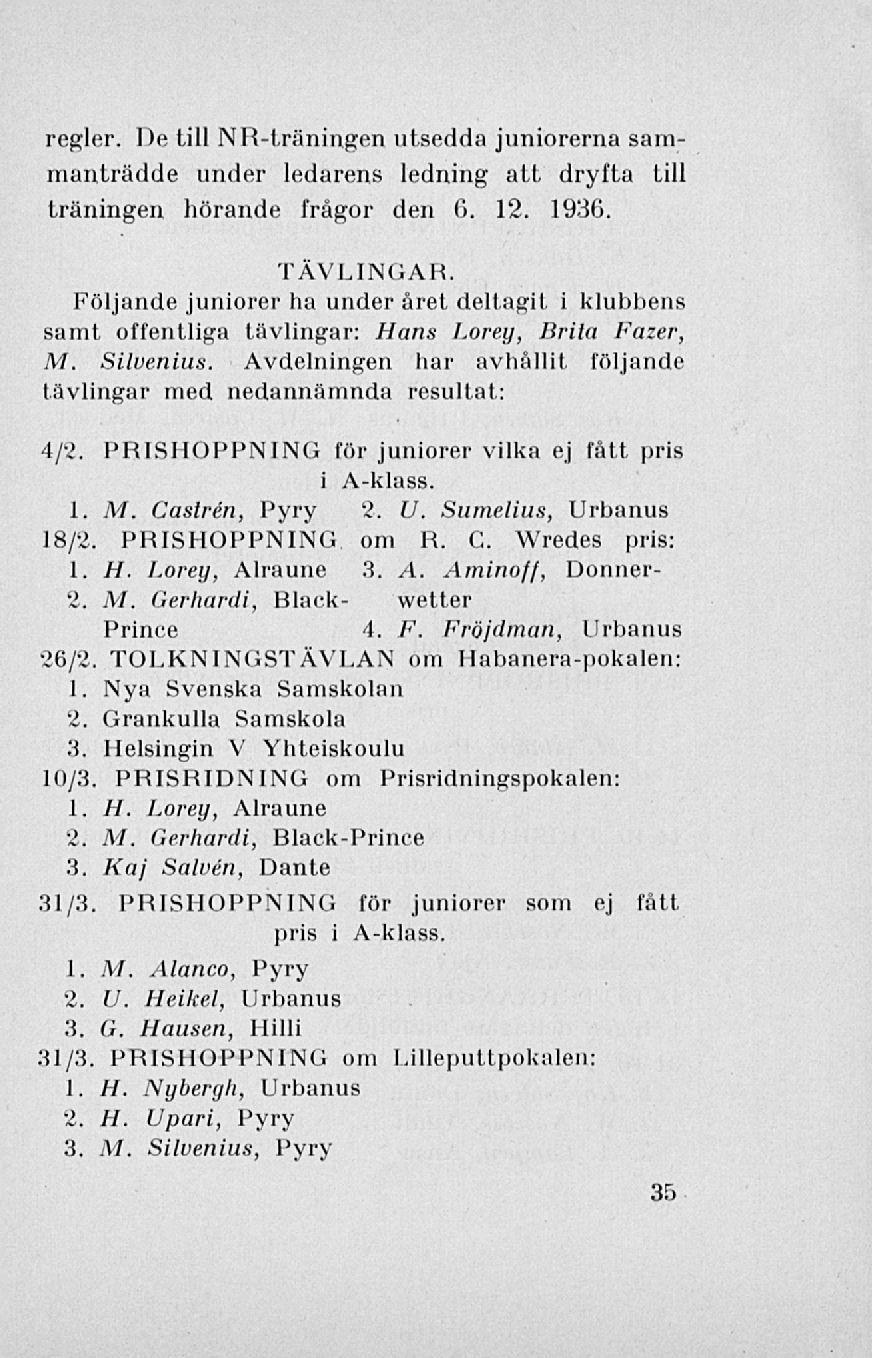 H. regler. De till NR-träningen utsedda juniorerna sammanträdde under ledarens ledning att dryfta till träningen hörande frågor den 6. 12. 1936. TÄVLINGAR.