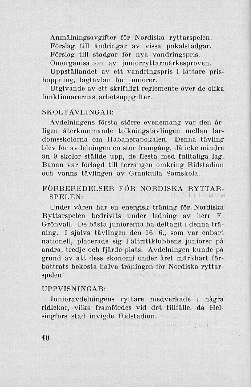 Anmälningsavgifter för Nordiska ryttarspelen. Förslag till ändringar av vissa pokalstadgar. Förslag till stadgar för nya vandringspris. Omorganisation av juniorryttarmärkesproven.