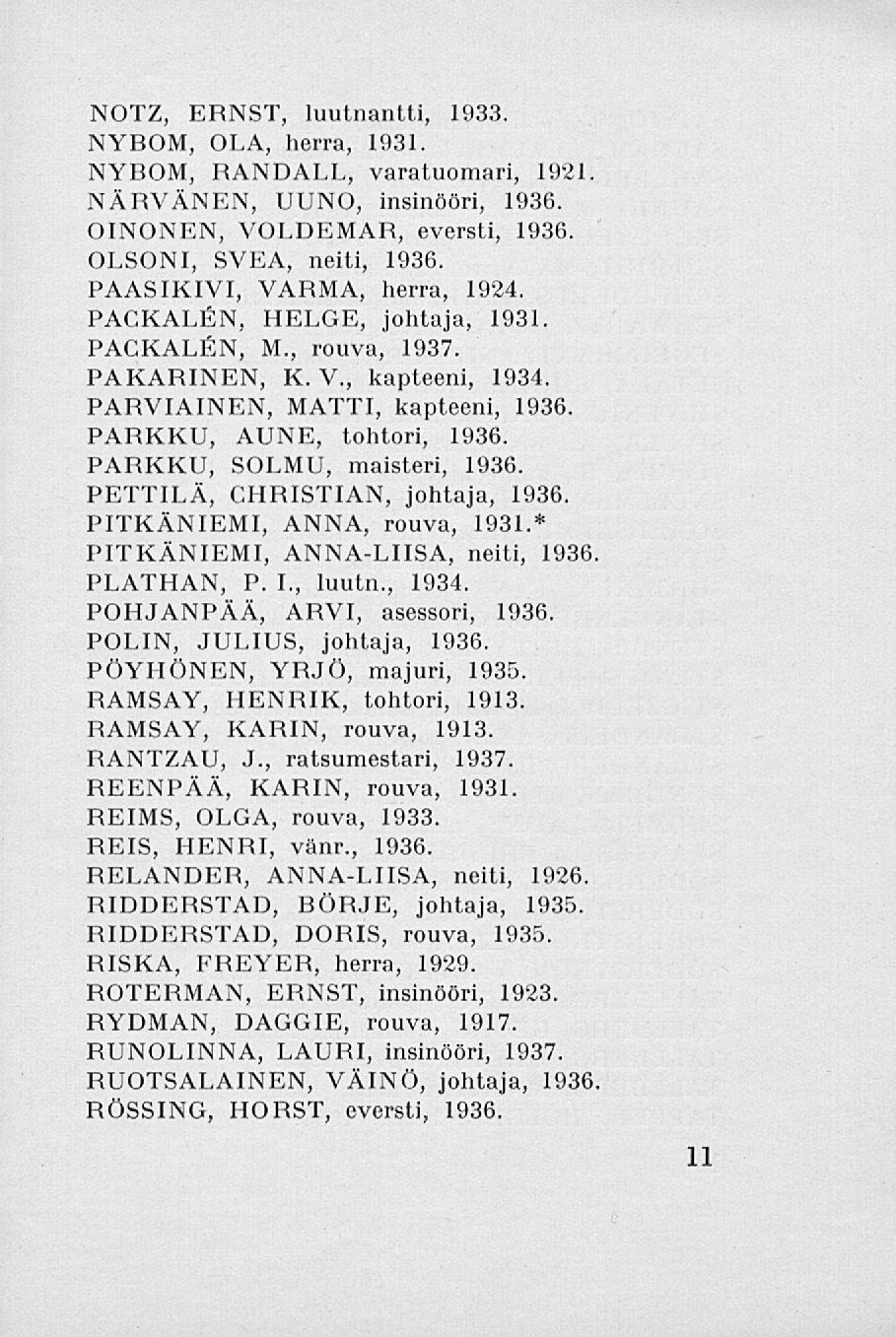 NOTZ, ERNST, luutnantti, 1933. NYBOM, OLA, herra, 1931. NYBOM, RANDALL, varatuomari, 1921. NÄRVÄNEN, UUNO, insinööri, 1936. OINONEN, VOLDEMAR, eversti, 1936. OLSONI, SVEA, neiti, 1936.