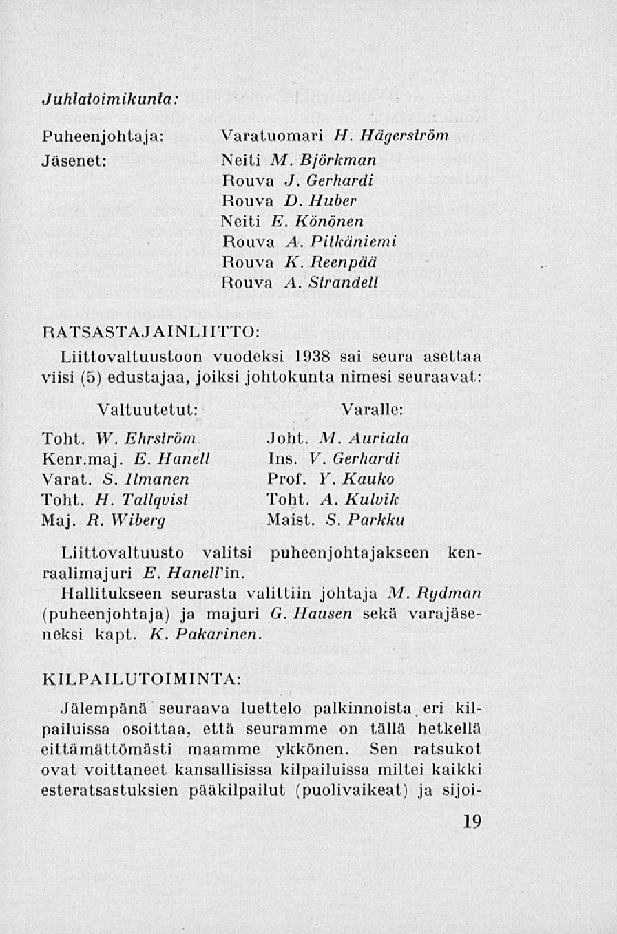 Juhlatoimikunta: Puheenjohtaja: Jäsenet: Varatuomari H. Hägerström Neiti M. Björkman Rouva J. Gerhardi Rouva D. Huber Neiti E. Könönen Rouva A. Pitkäniemi Rouva K. Reenpää Rouva A.