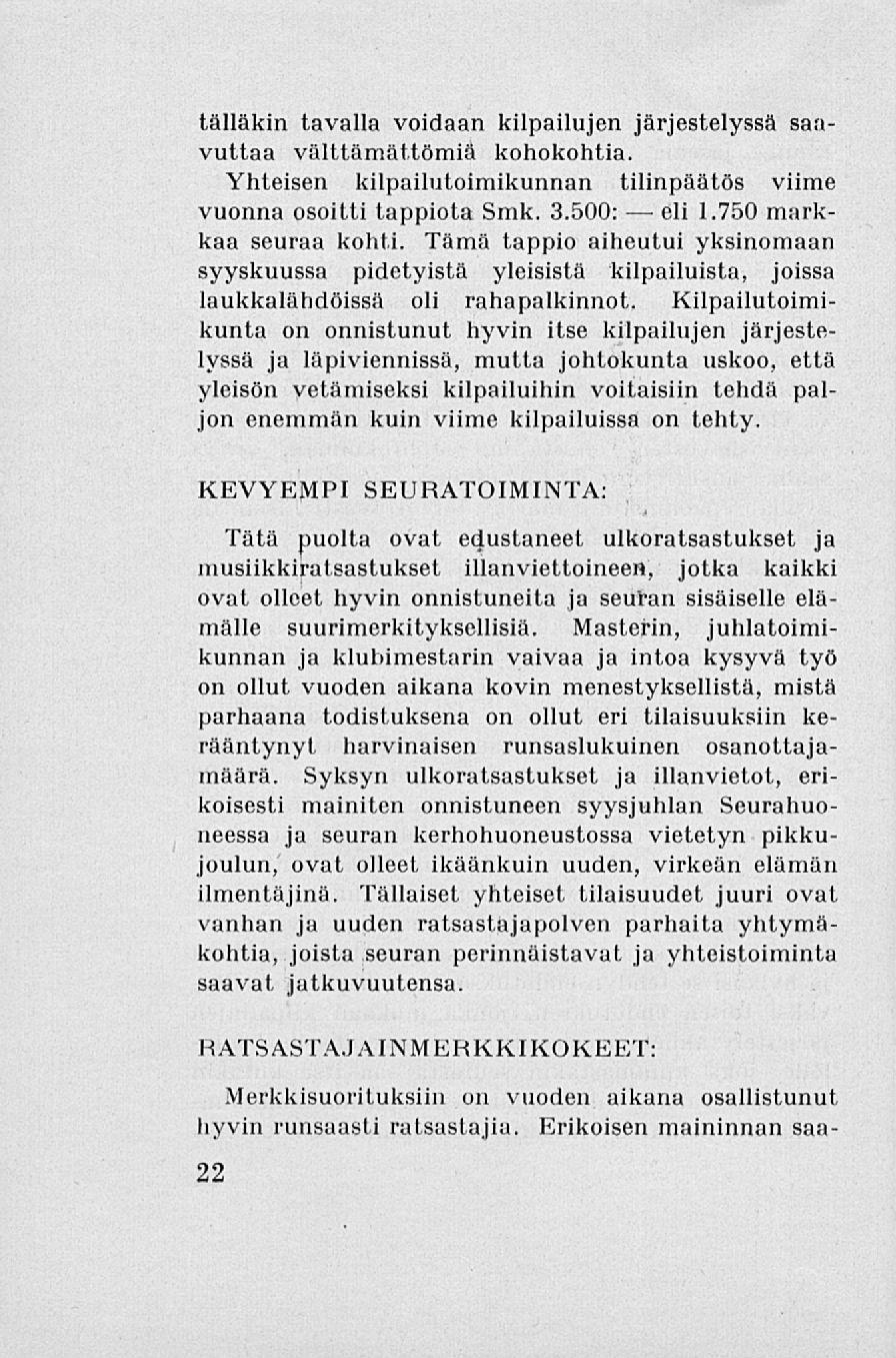 eli tälläkin tavalla voidaan kilpailujen järjestelyssä saavuttaa välttämättömiä kohokohtia. Yhteisen kilpailutoimikunnan tilinpäätös viime vuonna osoitti tappiota Smk. 3.500: 1.