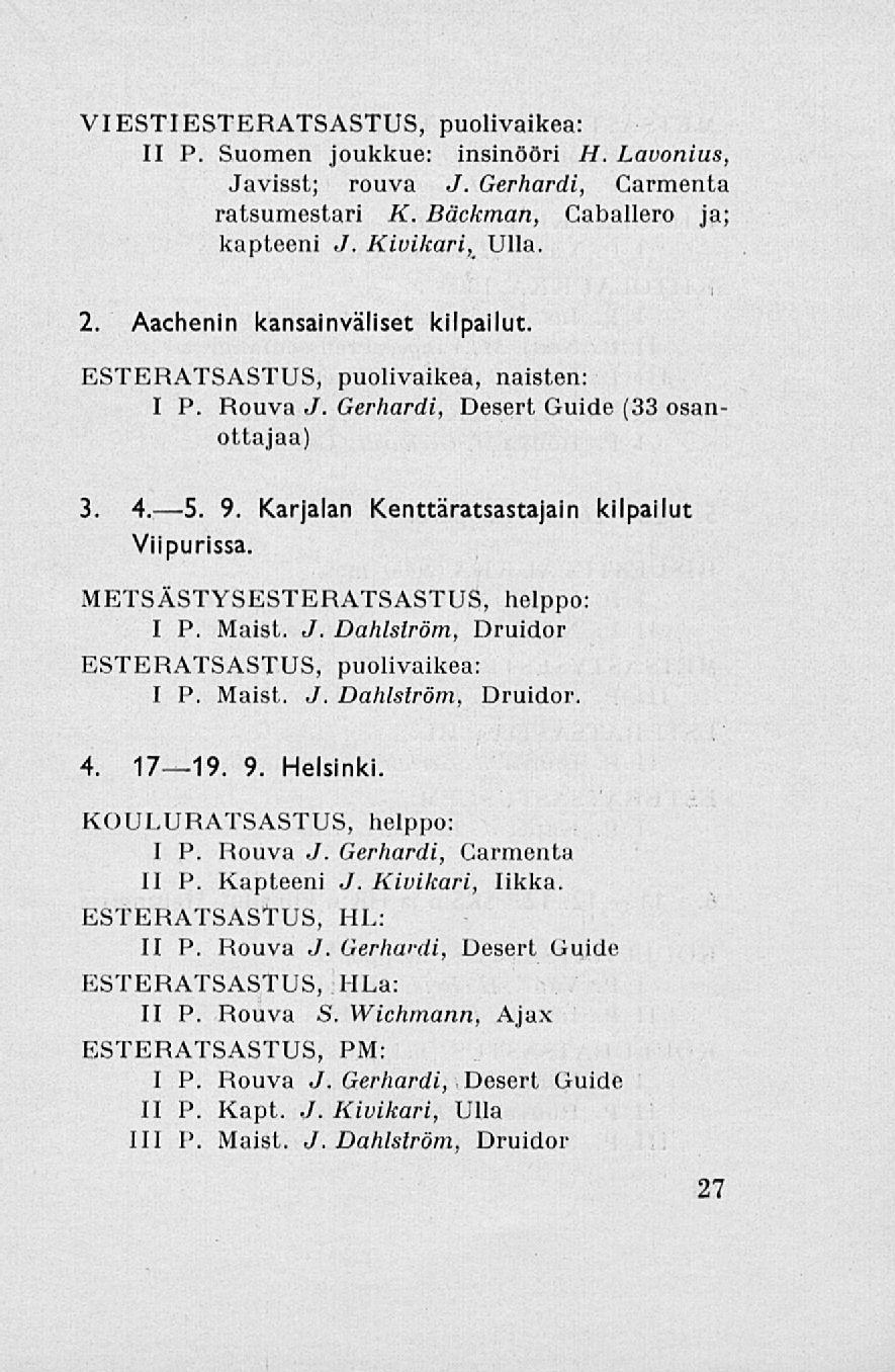 VIESTIESTERATSASTUS, puolivaikea: II P. Suomen joukkue: insinööri H. Lavonius, Javisst; rouva J. Gerhardi, Carmenta ratsumestari K. Bäckman, Caballero ja; kapteeni /. Kivikari, Ulla. 2.