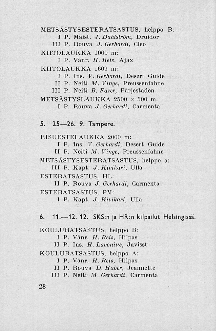 METSÄSTYSESTERATSASTUS, helppo B: I P. Maist. J. Dahlström, Druidor 111 P. Rouva J. Gerhardi, Cleo KIITOLAUKKA 1000 m: I P. Vänr. H. Reis, Ajax KIITOLAUKKA 1609 m: I P. Ins. V. Gerhardi, Desert Guide II P.