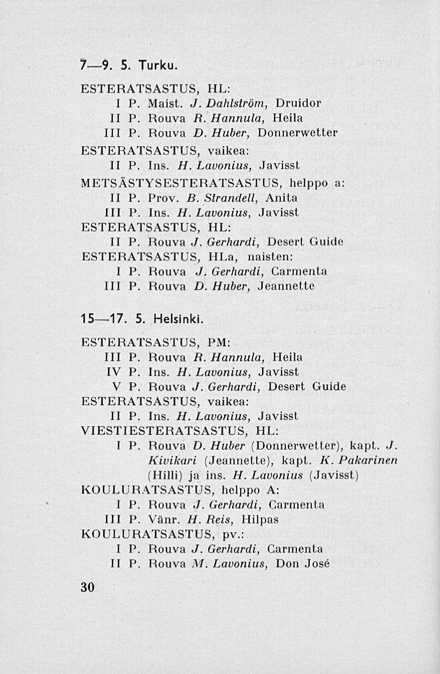 7 9. S. Turku. ESTERATSASTUS, HL: I P. Maist. J. Dahlström, Druidor II P. Rouva R. Hannula, Heila 111 P. Rouva D. Huber, Donnerwetter ESTERATSASTUS, vaikea: II P. Ins. H. Lavonius, Javisst METSÄSTYSESTERATSASTUS, helppo a: II P.