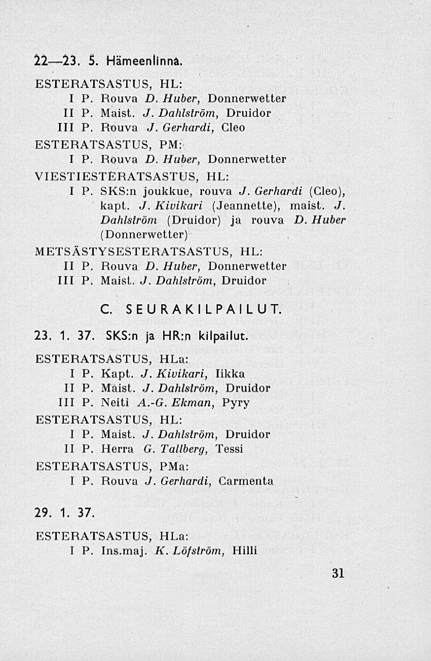 22 23. 5. Hämeenlinna. ESTERATSASTUS, HL: I P. Rouva D. Huber, Donnerwetter II P. Maist. J. Dahlström, Druidor 111 P. Rouva J. Gerhardi, Cleo ESTERATSASTUS, PM: I P. Rouva D. Huber, Donnerwetter VIESTIESTERATSASTUS, HL: I P.