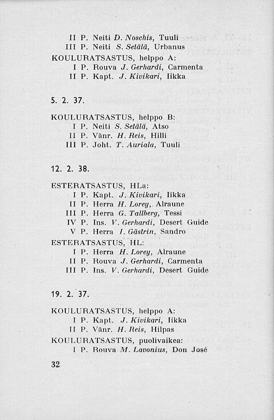 II P. Neiti D. Noschis, Tuuli 111 P. Neiti S. Setälä, Urbanus KOULURATSASTUS, helppo A: I P. Rouva J. Gerhardi, Carmenta II P. Kapt. J. Kivikari, likka 5. 2. 37. KOULURATSASTUS, helppo B: I P.
