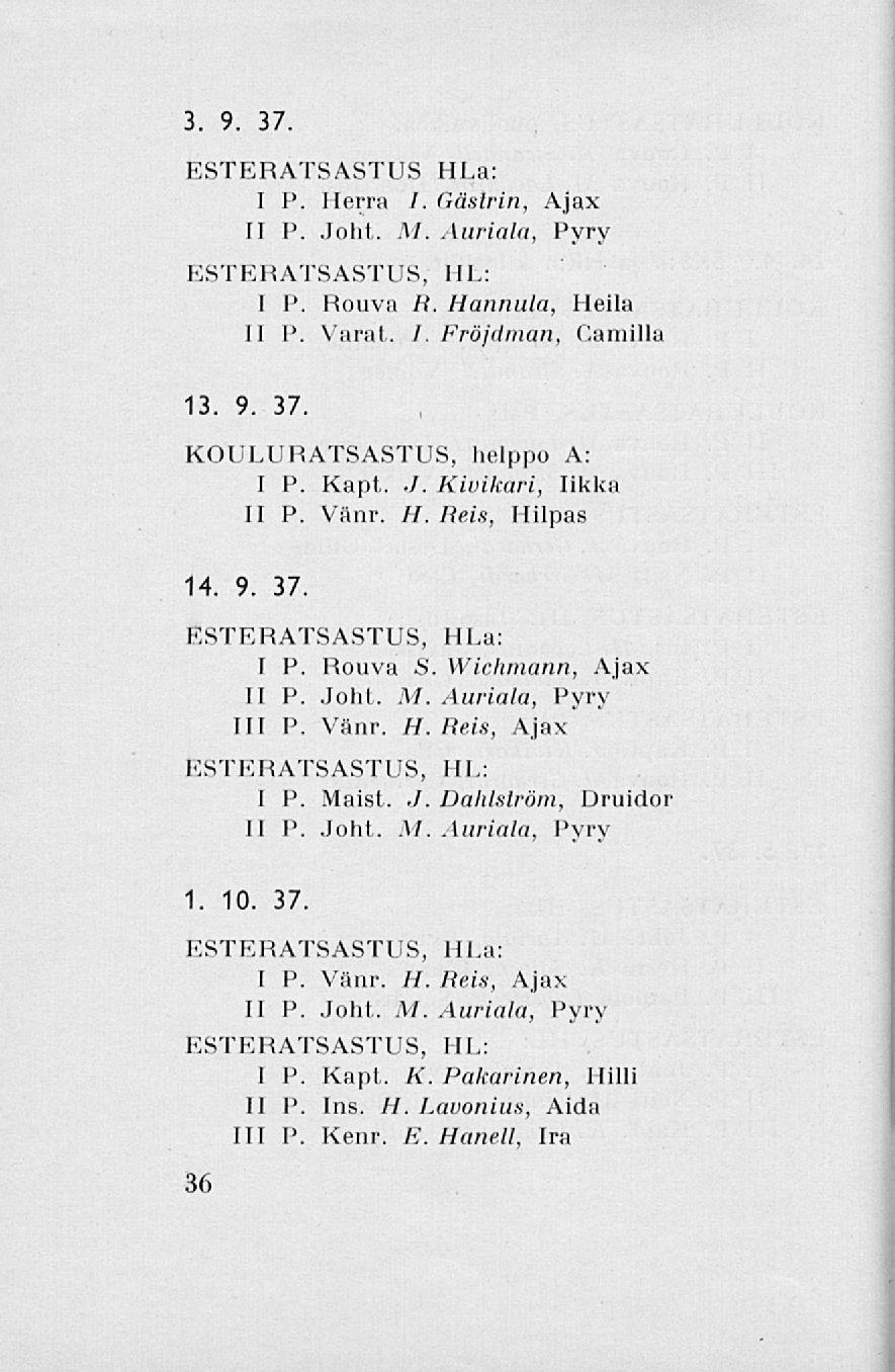 3. 9. 37 ESTERATSASTUS HLa: I P. Herra /. Gästrin, Ajax II P. Joht. M. Auriala, Pyry ESTERATSASTUS, HL I P. Rouva R. Hannula, Heila 11 P. Varat. I. Fröjdman, Camilla 13. 9. 37. KOULURATSASTUS, helppo A: I P.