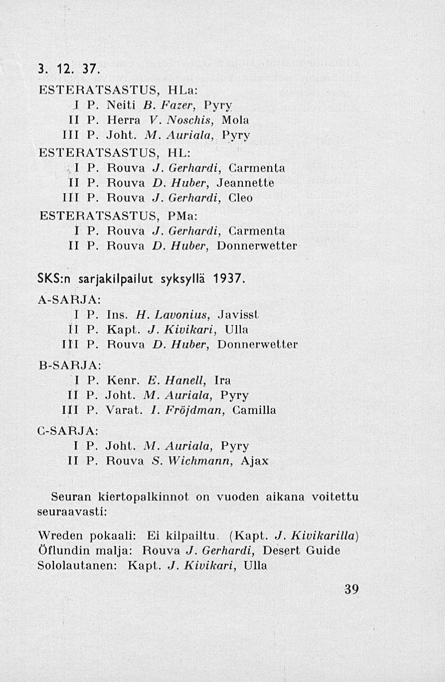 3. 12. 37 ESTERATSASTUS, HLa: I P. Neiti B. Fazer, Pyry II P. Herra V. Noschis, Mola 111 P. Joht. M. Auriala, Pyry ESTERATSASTUS, HL:, I P. Rouva J. Gerhardi, Carmenta II P. Rouva D.