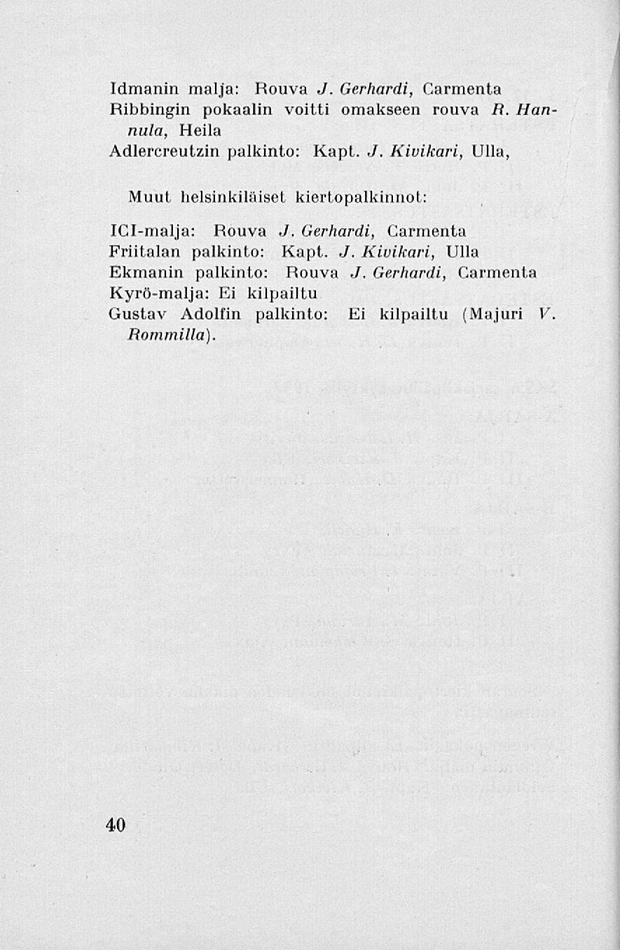 Idmanin malja: Rouva J. Gerhardi, Carmenta Ribbingin pokaalin voitti omakseen rouva R. Han nula, Heila Adlercreutzin palkinto: Kapt. J. Kivikari, Ulla, Muut helsinkiläiset kiertopalkinnot: ICI-malja: Rouva.