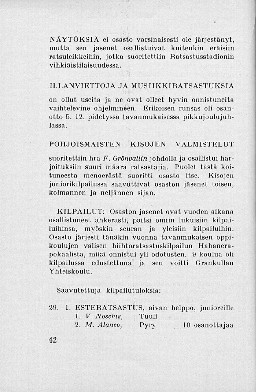 NÄYTÖKSIÄ ei osasto varsinaisesti ole järjestänyt, mutta sen jäsenet osallistuivat kuitenkin eräisiin ratsuleikkeihin, jotka suoritettiin Ratsastusstadionin vihkiäistilaisuudessa.