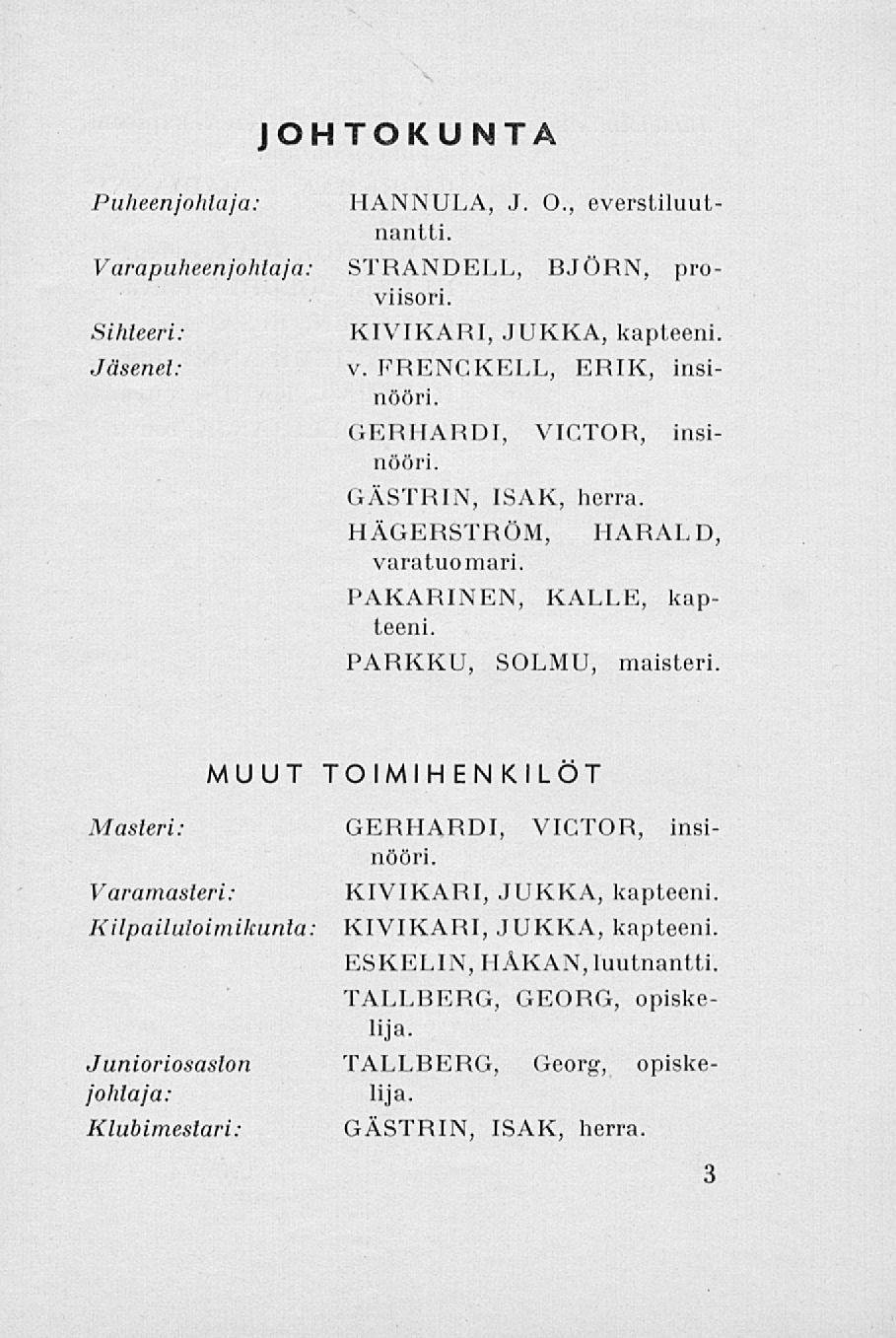 Puheenjohtaja: JOHTOKUNTA HANNULA, J. 0., everstiluut nantti. Varapuheenjohtaja: STRANDELL, BJÖRN, pro viisori. Sihteeri: KIVIKARI, JUKKA, kapteeni Jäsenet: v. FRENCKELL, ERIK, insinööri.