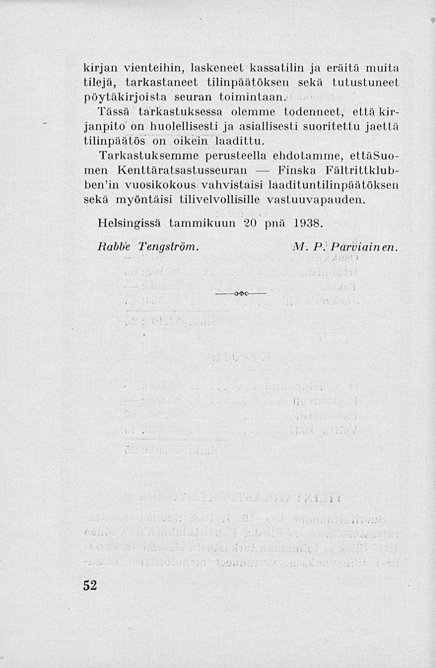Finska kirjan vienteihin, laskeneet kassatilin ja eräitä muita tilejä, tarkastaneet tilinpäätöksen sekä tutustuneet pöytäkirjoista seuran toimintaan.
