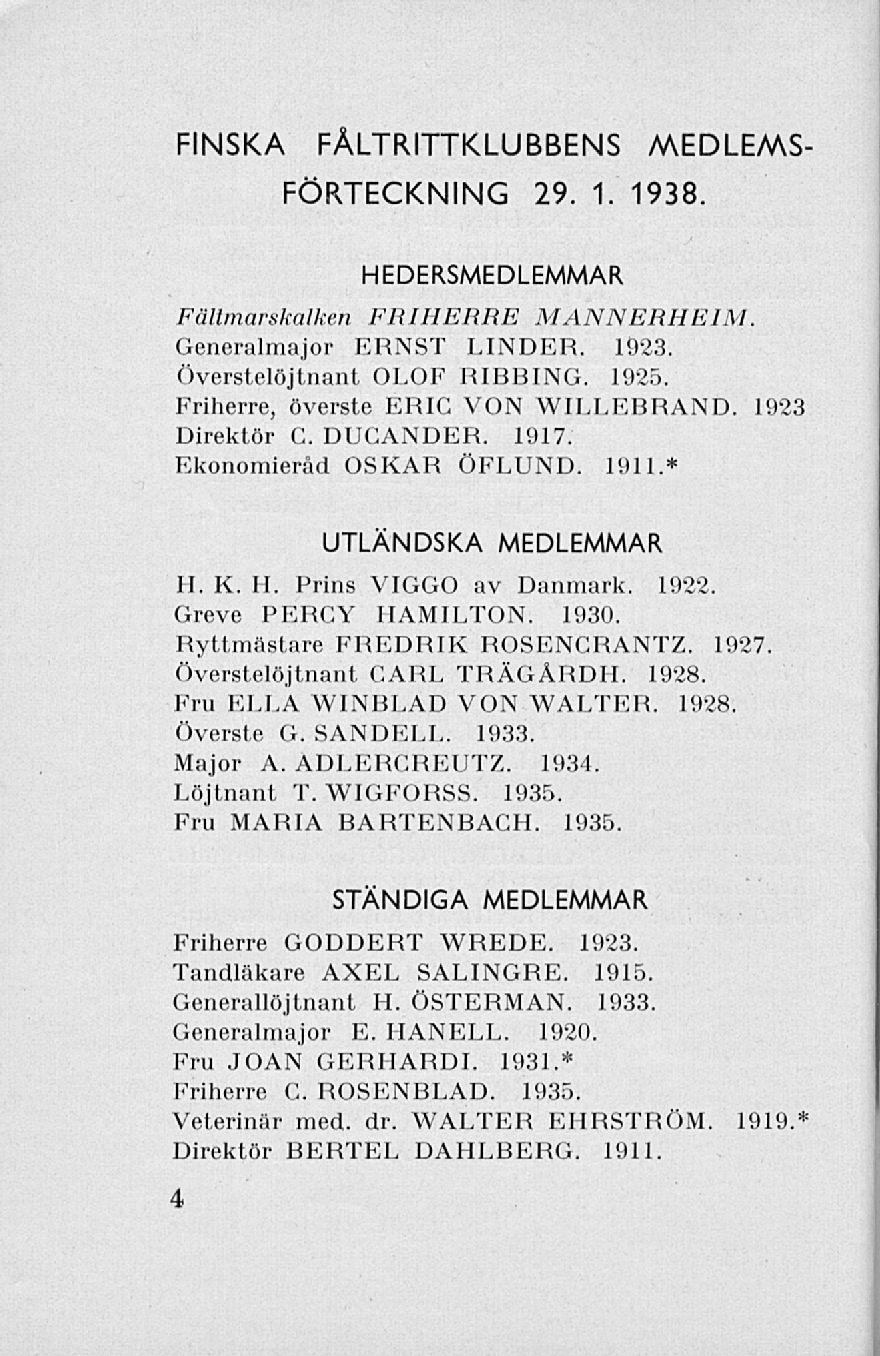 FINSKA FÅLTRITTKLUBBENS MEDLEMS FÖRTECKNING 29. 1. 1938. HEDERSMEDLEMMAR Fältmarskalken FRIHERRE MANNERHEIM. Generalmajor ERNST LINDER. 1923. Överstelöjtnant OLOF RIBBING. 1925.
