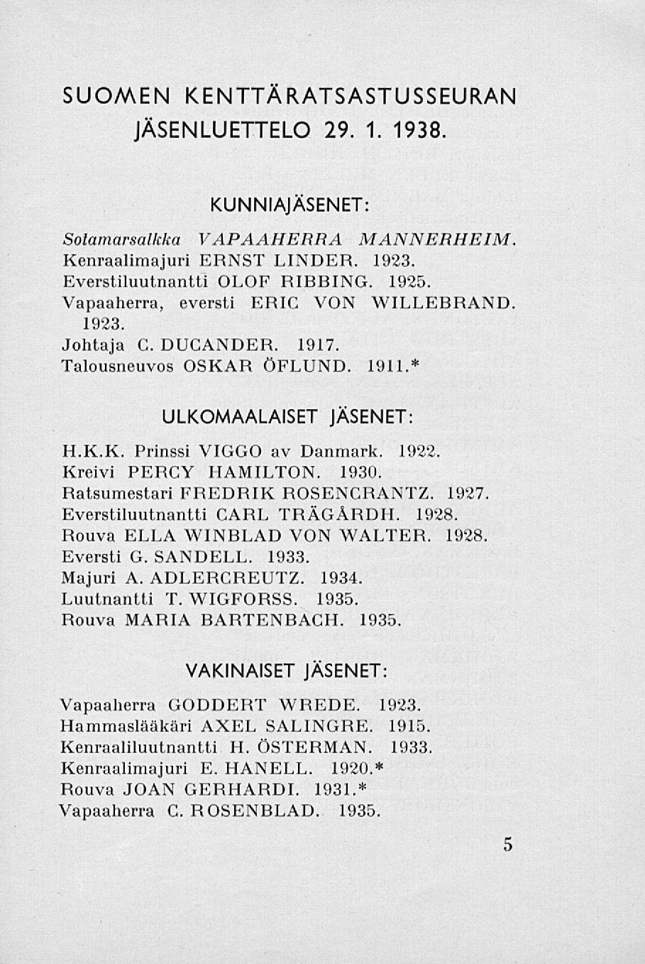 SUOMEN KENTTÄRATSASTUSSEURAN JÄSENLUETTELO 29. 1. 1938. KUNNIAJÄSENET: Sotamarsalkka VAPAAHERRA MANNERHEIM. Kenraalimajuri ERNST LINDER. 1923. Everstiluutnantti OLOF RIBBING. 1925.