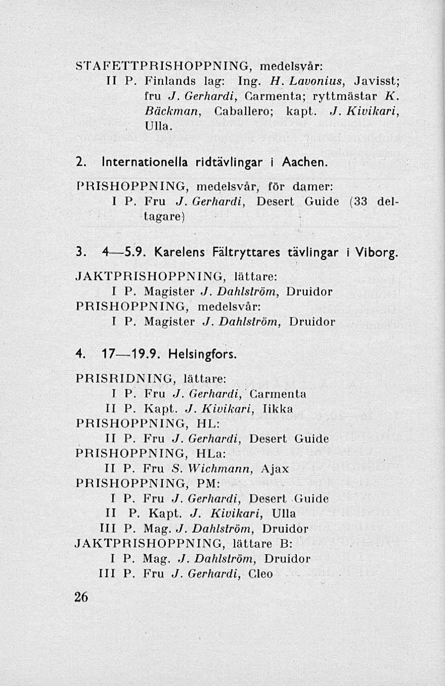 Dahlström, STAFETTPRISHOPPNING, medelsvår: II P. Finlands lag: Ing. H. Lavonius, Javisst fru J. Gerhardi, Carmenta; ryttmästar K Bäckman, Caballero; kapt.,/. Kivikari Ulla. 2.